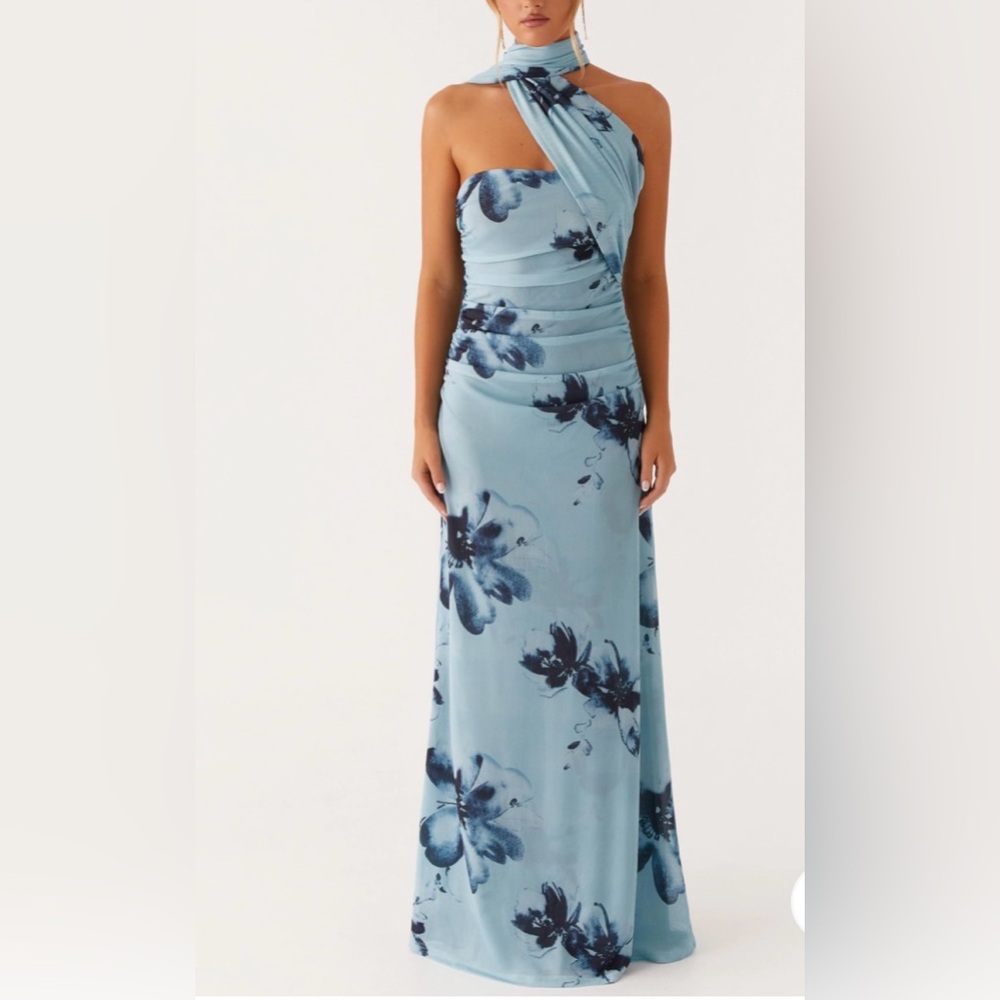 Blue Ruched One Shoulder Sheath Dress for Wedding Guest